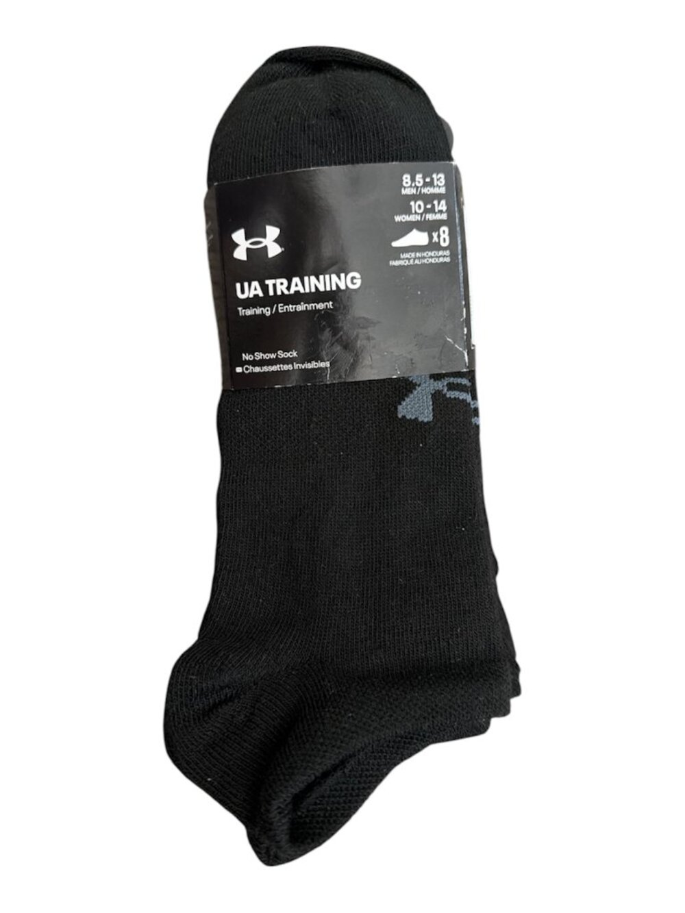 Under Armour UA Training No Show Socks White Black Logo Size L 8.5-13 NEW